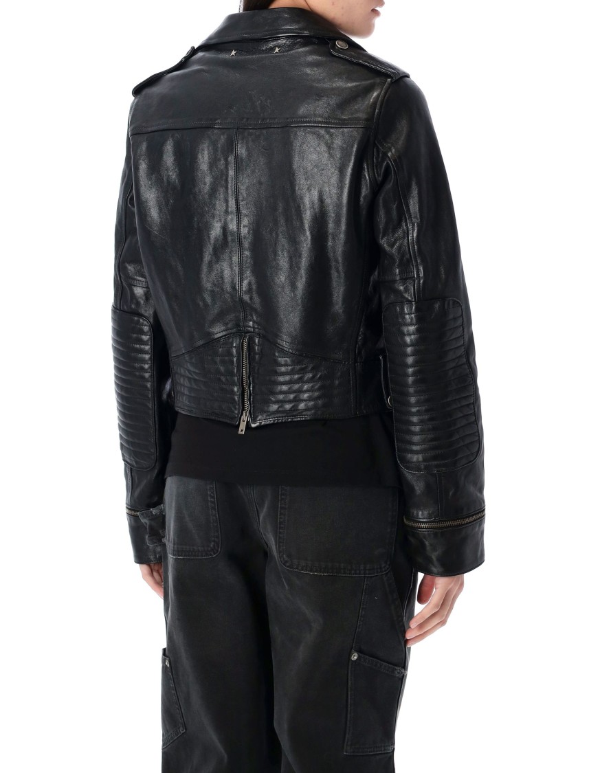 Shop Golden Goose Cropped Black Leather Biker Jacket With Zip