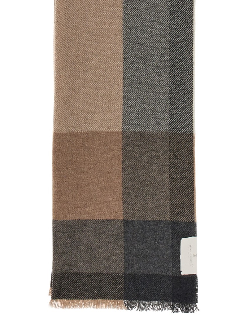 Brunello Cucinelli Twill Scarf With Subtle Check Pattern In Gray
