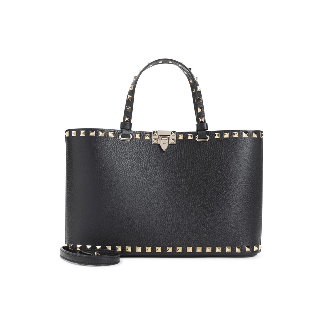 Valentino Garavani Black Grained Leather Rockstud Small Tote In Gray