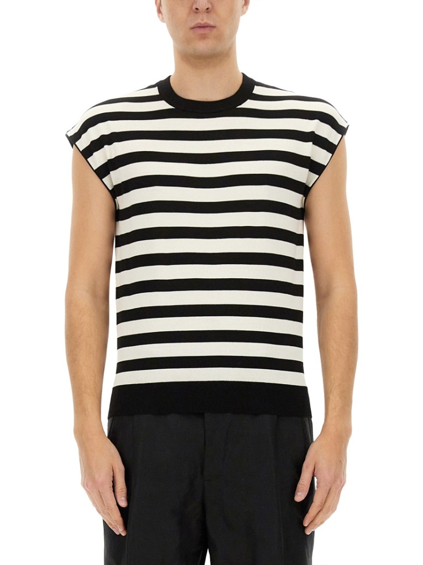 Dolce & Gabbana Black And White Sleeveless Top With Round Neck And All-over Strpied Motif In Multicolor