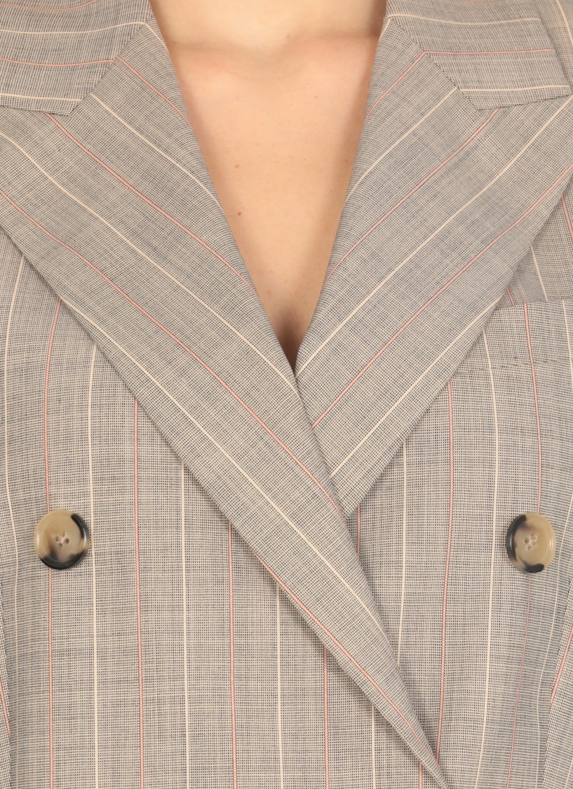 PT TORINO PT TORINO BEIGE VIRGIN WOOL DOUBLE-BREASTED BLAZER WITH ALL-OVER CHECK PATTERN