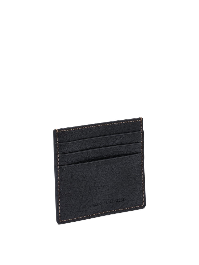 Brunello Cucinelli Black Leather Wallet With Textured Finish In Black