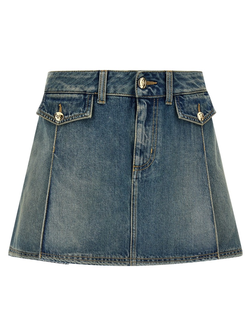 Alexander Mcqueen Mcqueen Flounced Delavé Cotton Denim Mini Skirt In Gray
