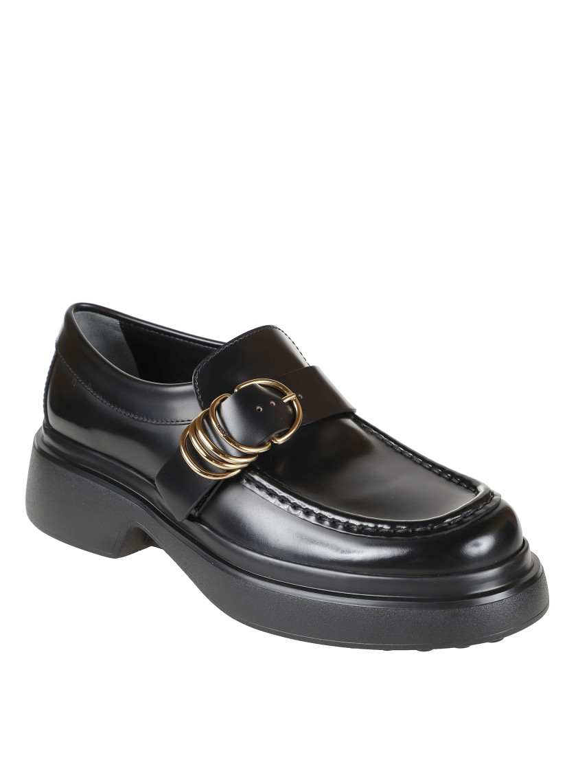 Tod's Rounded Toe Black Loafers With Buckle Detail In Black