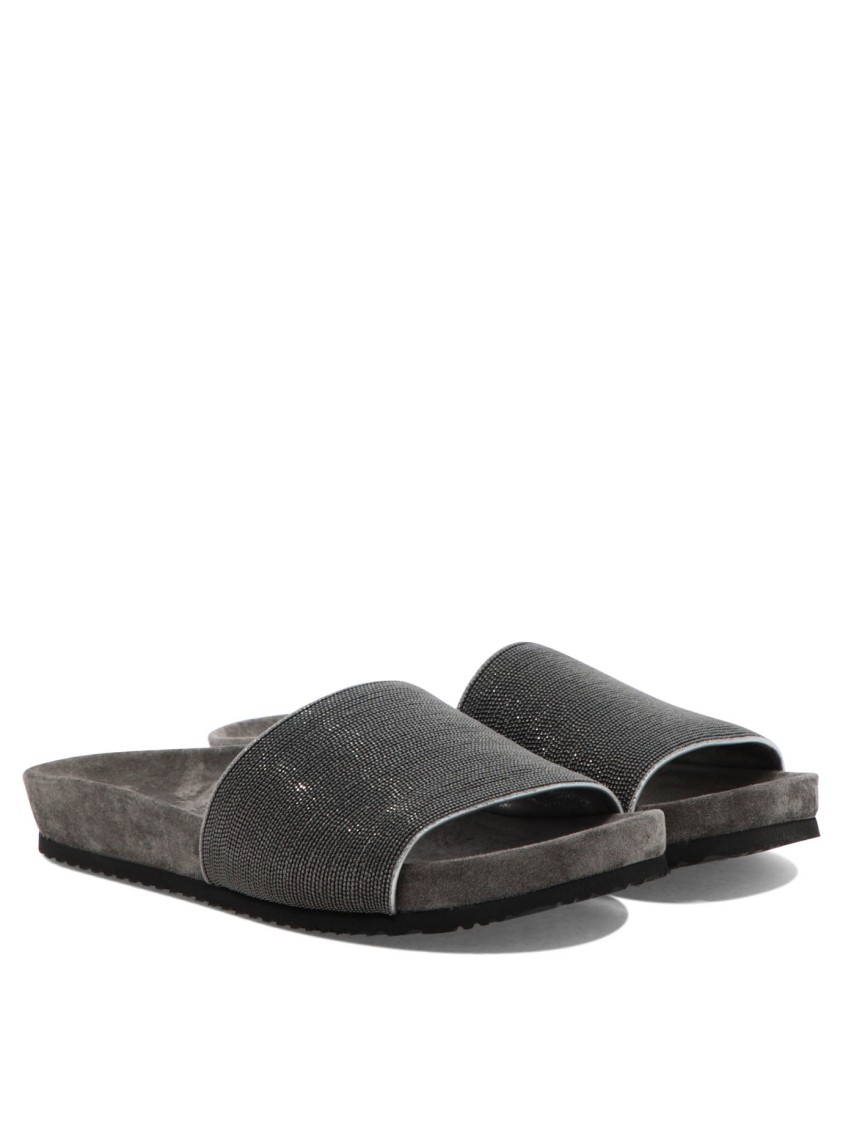 Brunello Cucinelli Textured Grey Leather Sandals In Gray