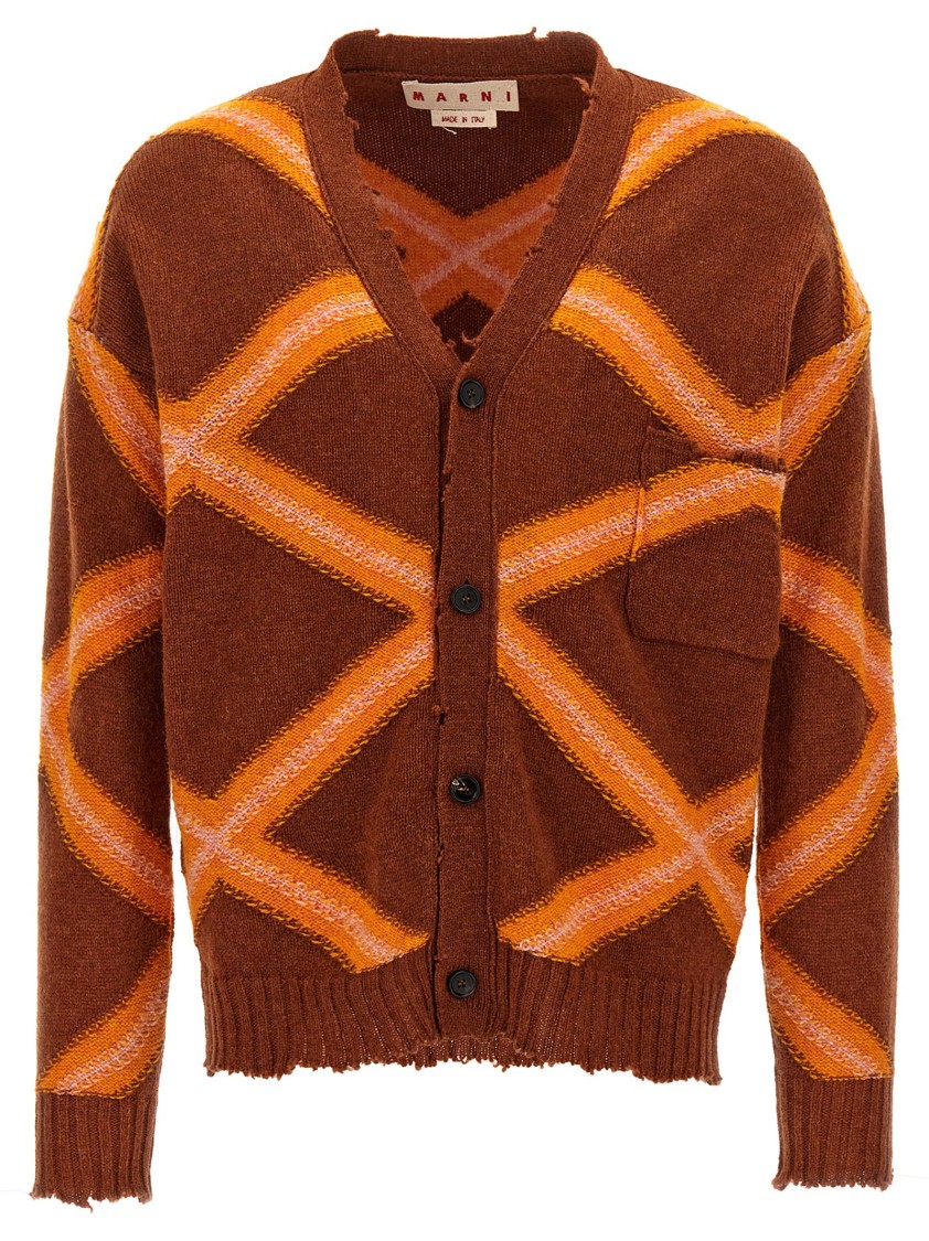 Marni Geometric-pattern Virgin Wool Cardigan In Brown