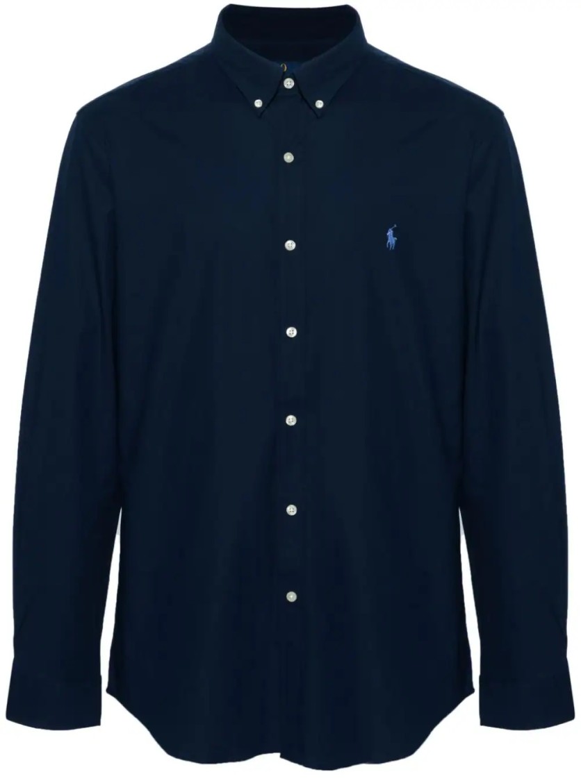 Polo Ralph Lauren Navy Blue Stretch-cotton Button-down Shirt With Signature Motif In Blue