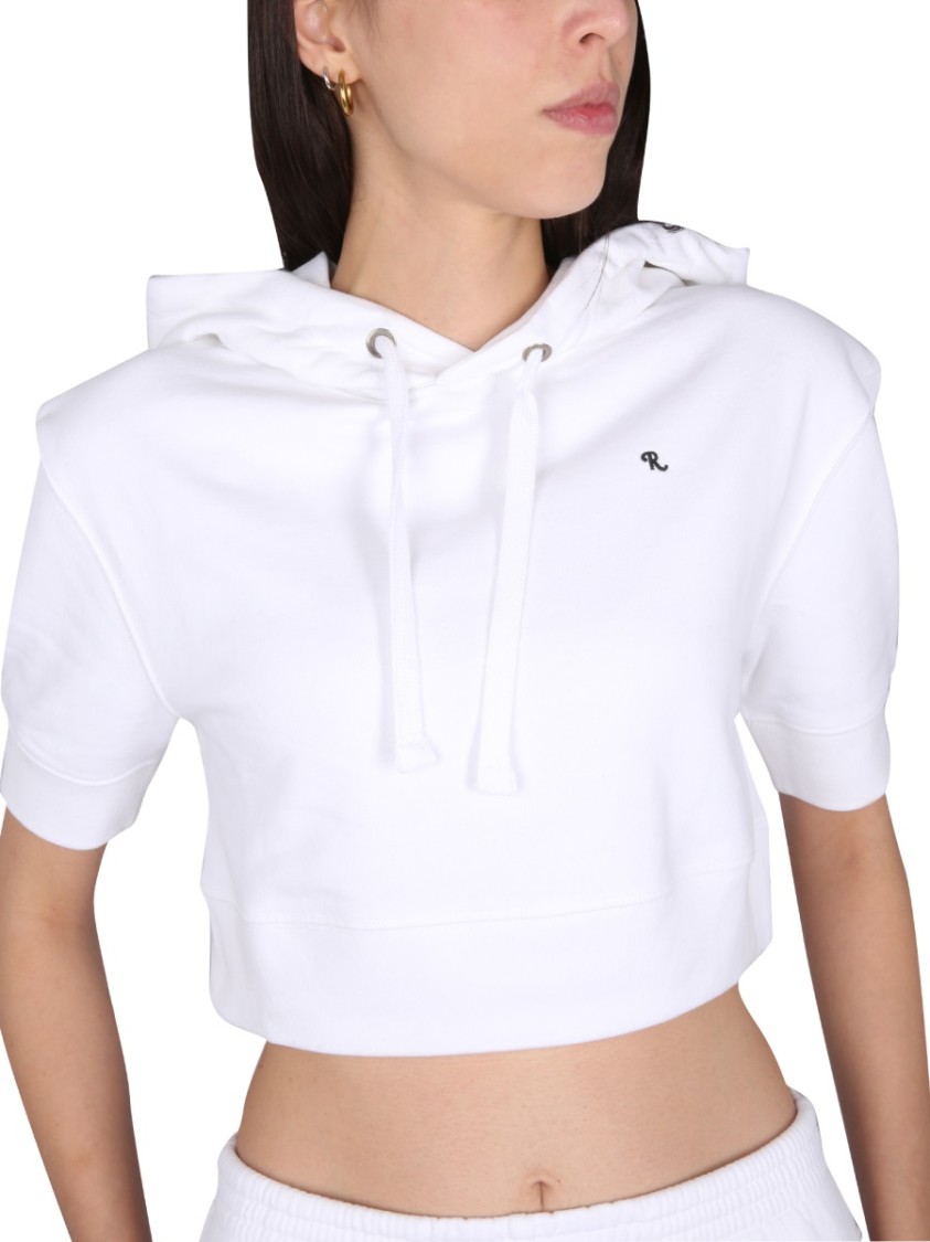 Shop Raf Simons Cropped White Sweatshirt With Drawstring Hood