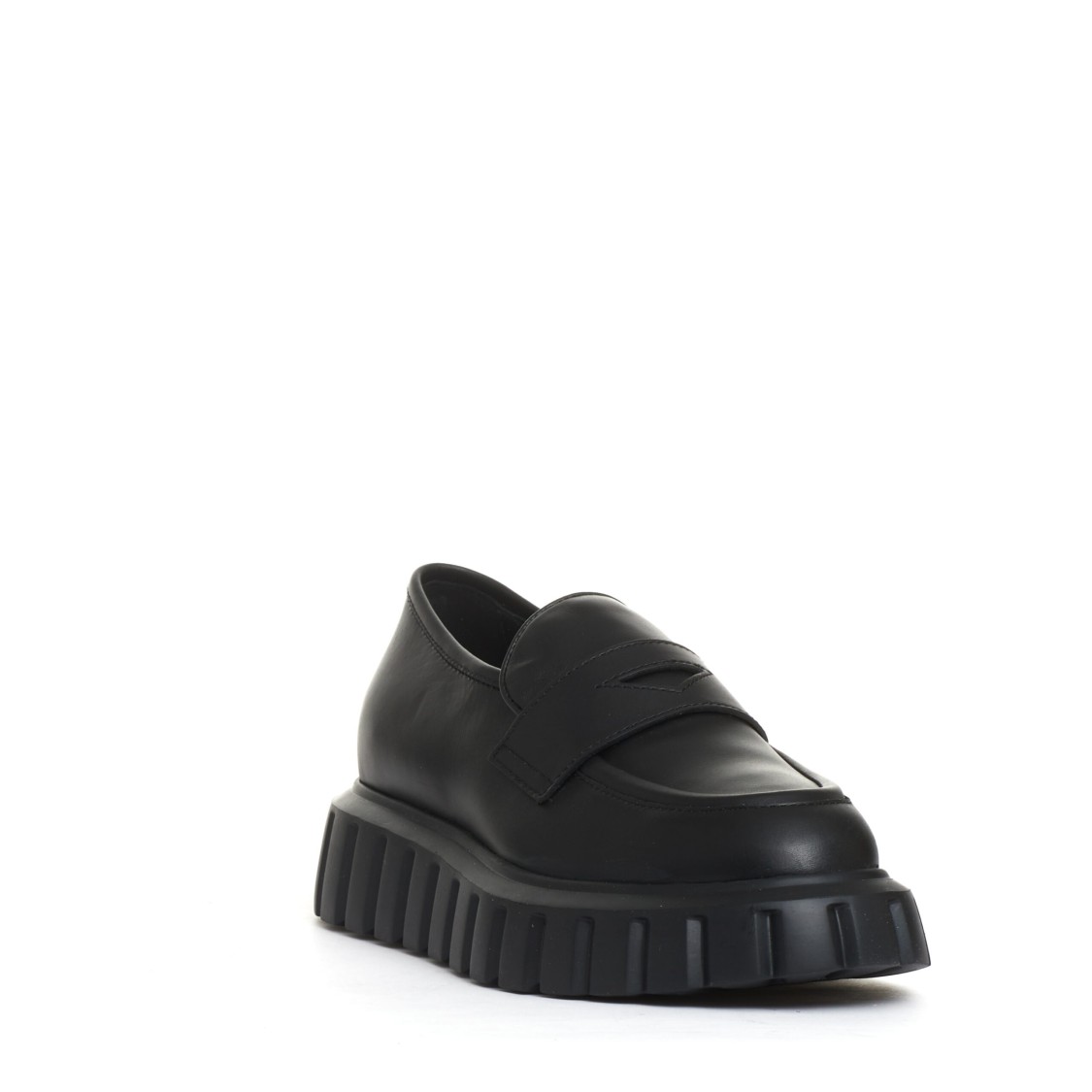 Shop Voile Blanche Black Leather Loafer With Striped Rubber Sole