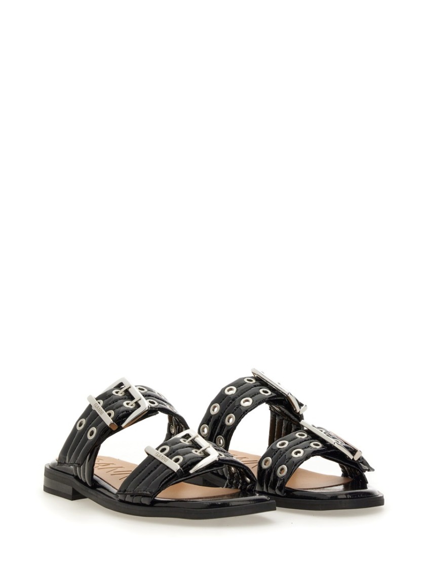 Ganni Buckled Eyelet-embellished Recycled Faux Patent-leather Sandals In Black