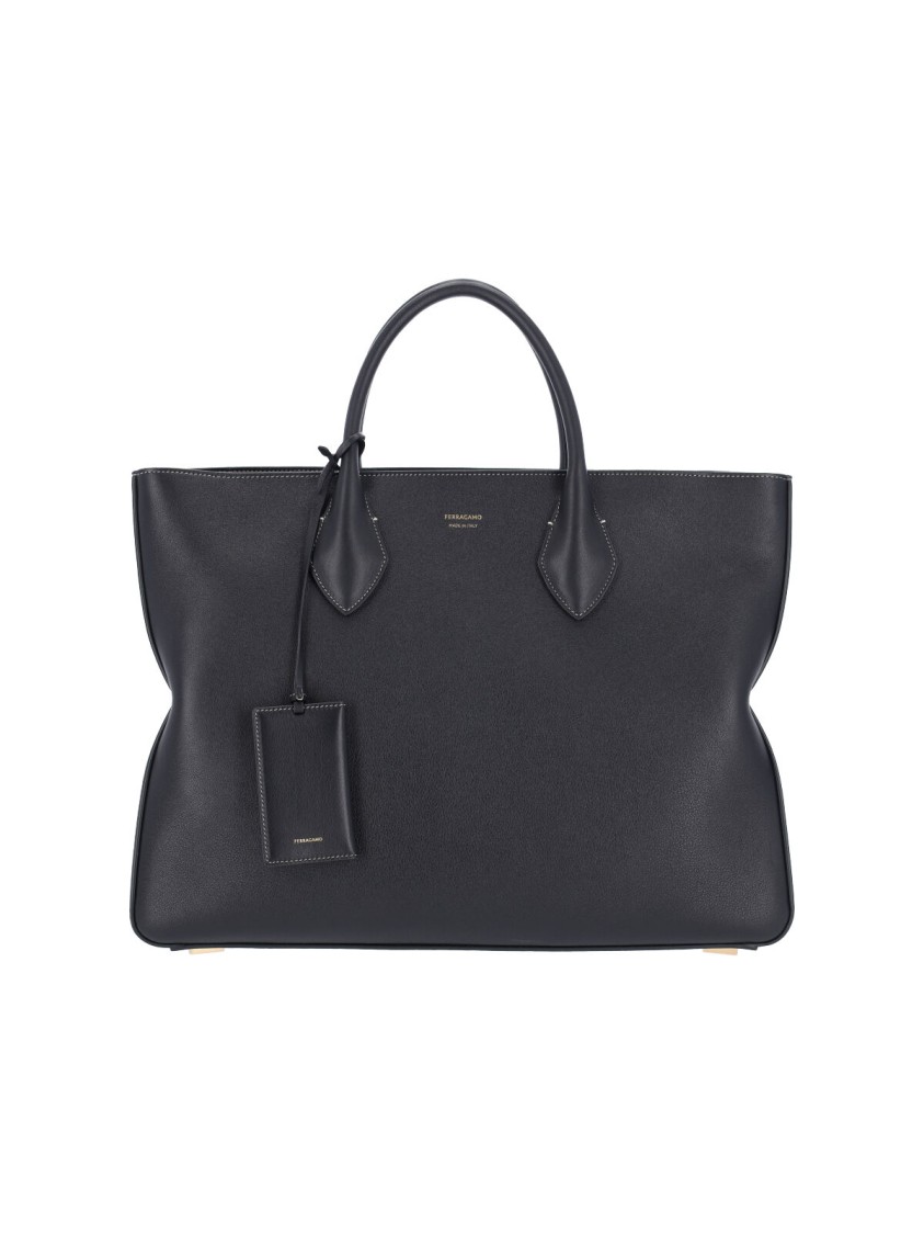 Ferragamo Large Black Calfskin Leather Tote Bag With Removable Keychain