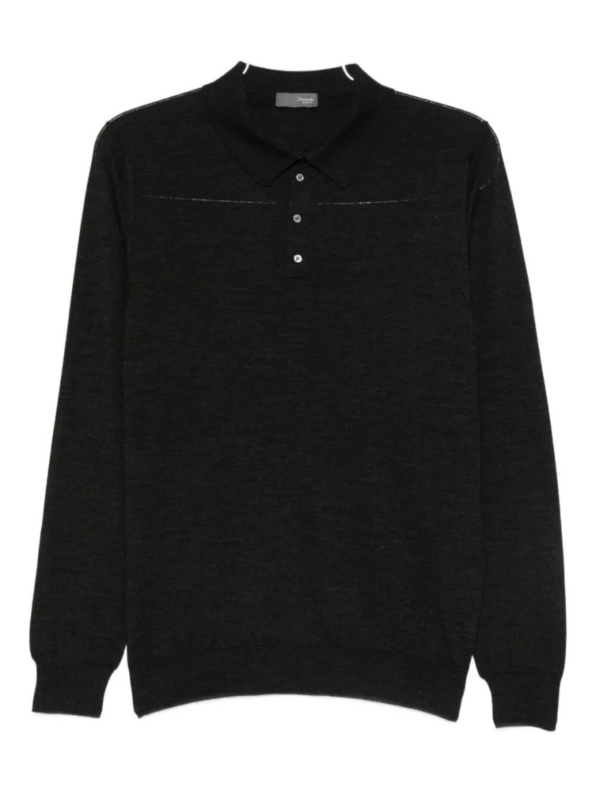 Drumohr Fitted Black Merino Wool Long Sleeve Polo In Black