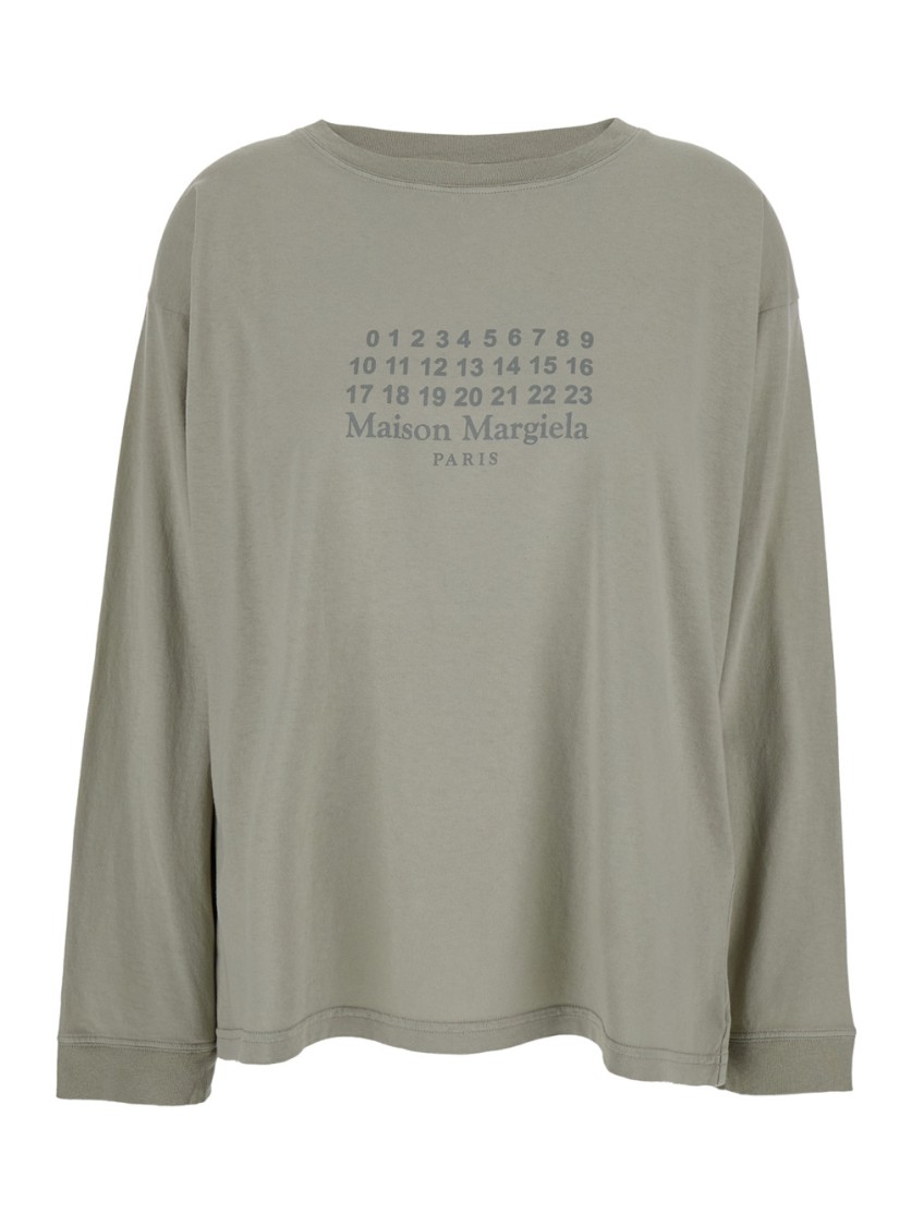 Maison Margiela Grey T-shirt With Crewneck And Long Sleeves And Printed Logo On The Front In Cotton Woman