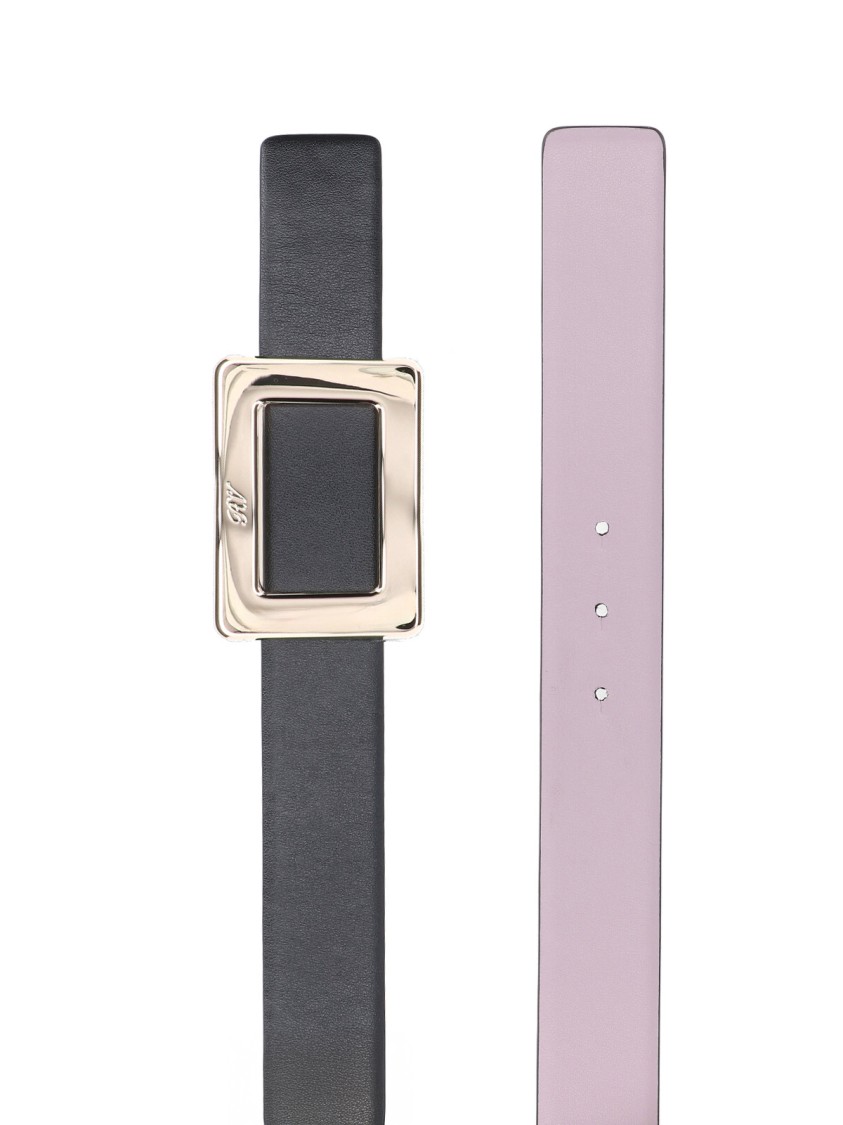 Roger Vivier Reversible Leather Belt With Polished Engraved Buckle In Black