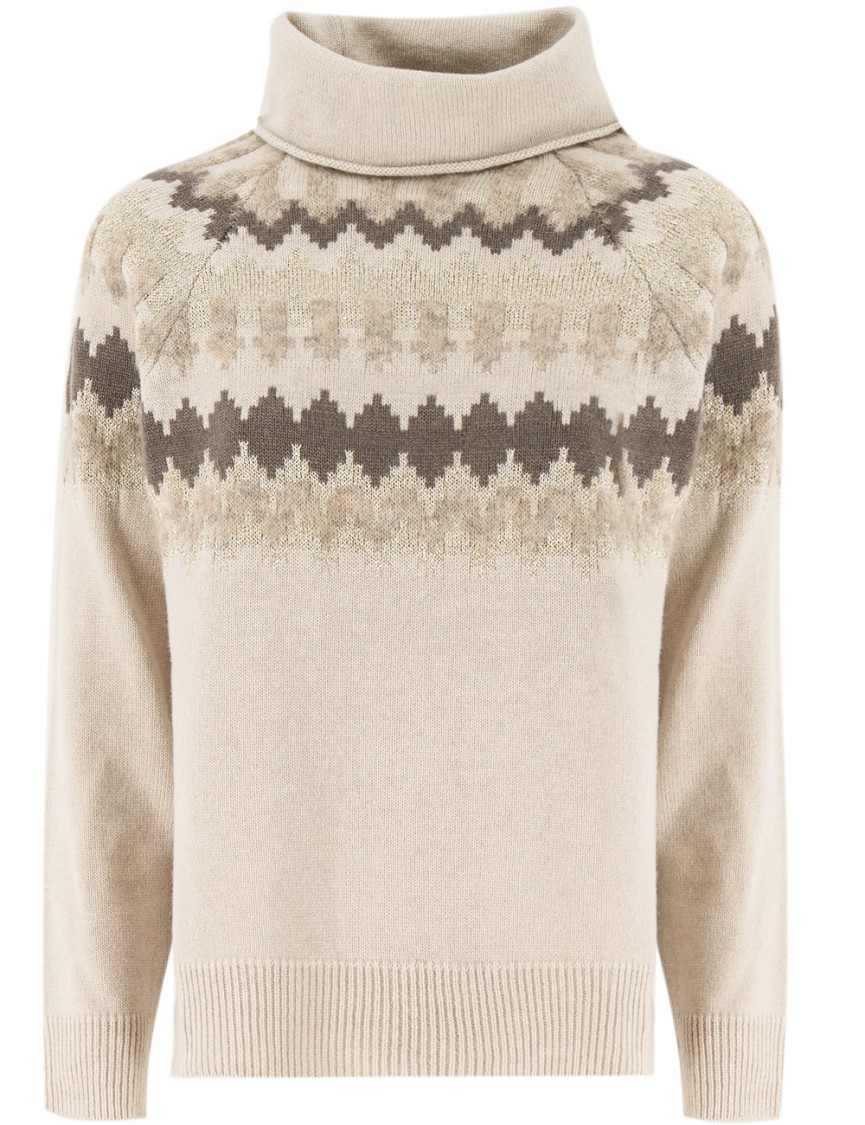 Panicale Relaxed Fit Turtleneck Jumper With Geometric Pattern In Neutrals