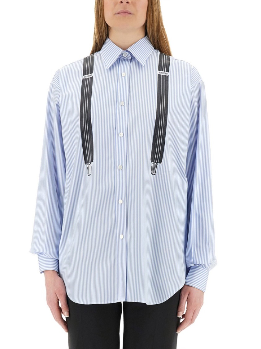 Moschino Couture Light Blue Cotton Striped Shirt With Decorative Straps In Blue