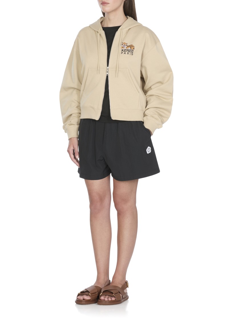 Kenzo Tiger Logo Hooded Cotton Sweatshirt In Neutral