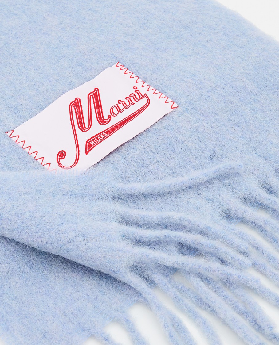 Marni Brushed Texture Light Blue Scarf With Fringed Edges In Blue
