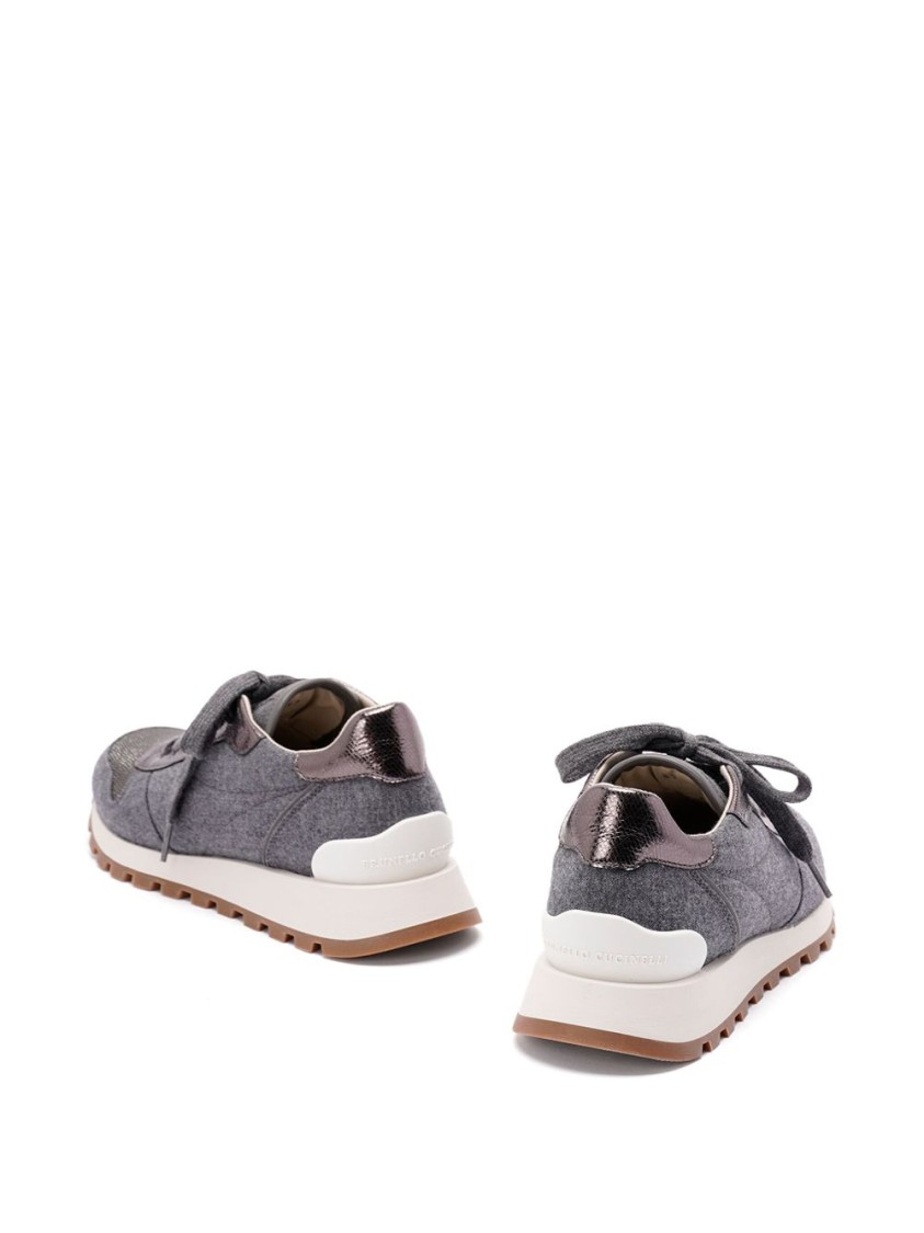 Brunello Cucinelli Textured Fabric Flats With Metallic Accents In Gray