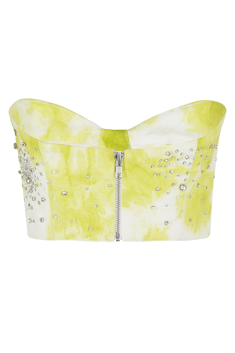 Des_phemmes Des Phemmes Tie Dye Embroidered Denim Bustier With Sweetheart Neckline In Yellow