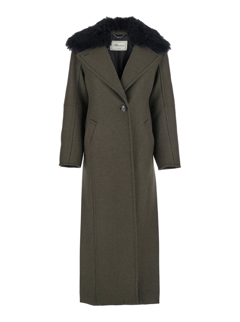 Blumarine Green Coat With Classic Lapels And Removable Collar In Green