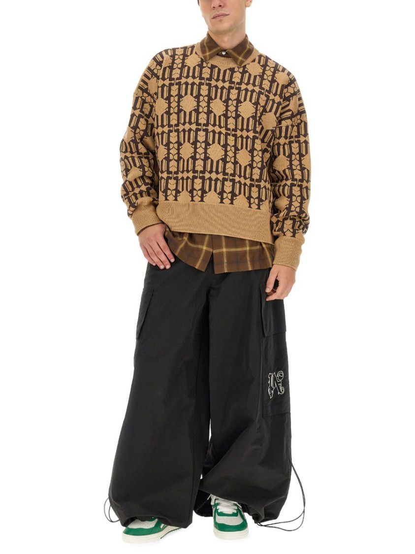 Palm Angels Embroidered Allover Monogram Jacquard Sweater In Brown