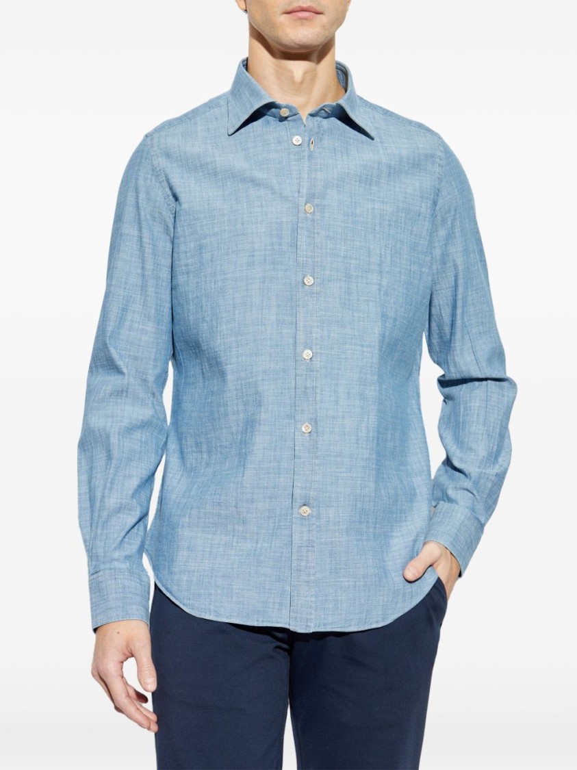 Shop Eleventy Tailored Button-down Blue Shirt By
