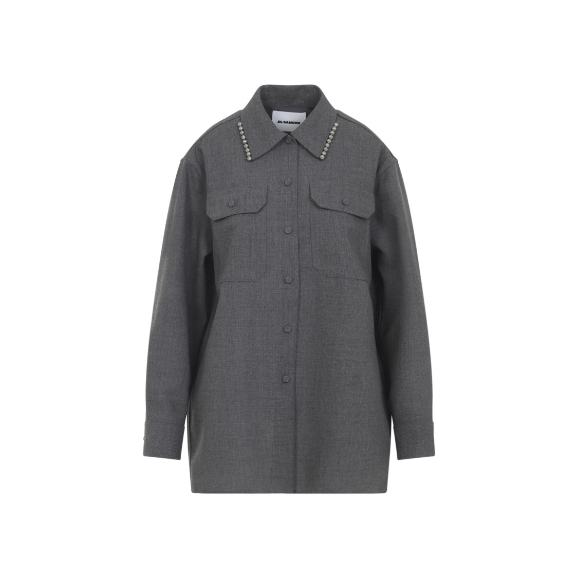 Jil Sander Relaxed Fit Grey Wool Shirt With Pearl Trim And Flap Pockets In Gray