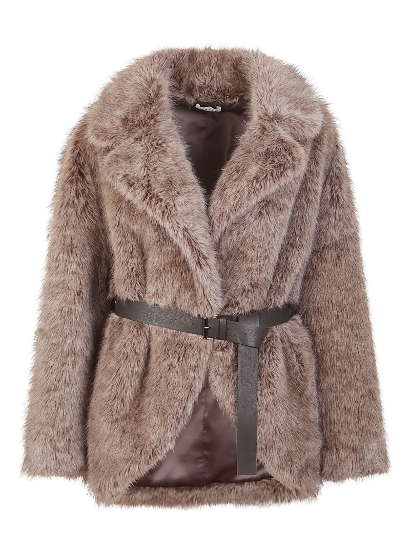 P.a.r.o.s.h . Double-breasted Faux Fur Jacket With Belted Waist And Welt Pockets In Brown