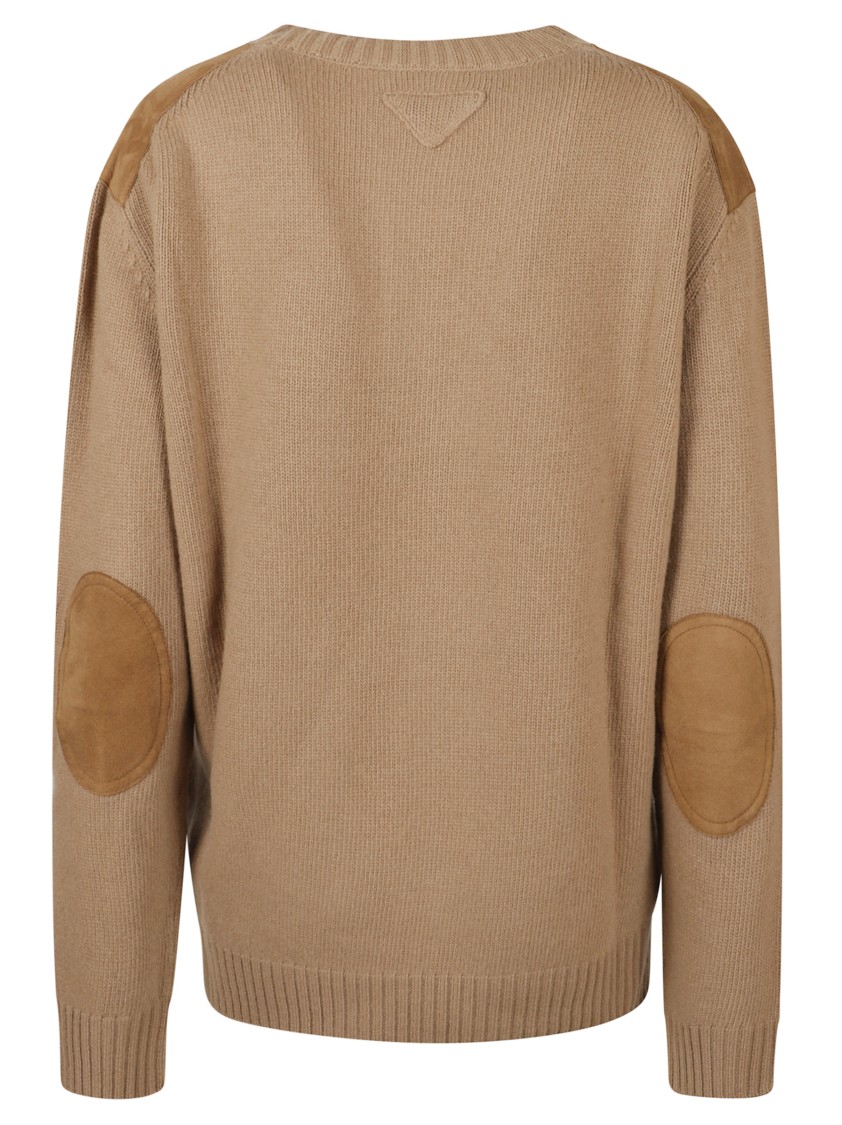Prada Relaxed Fit Camel Sweater With Deep V-neck And Suede-like Accents In Brown