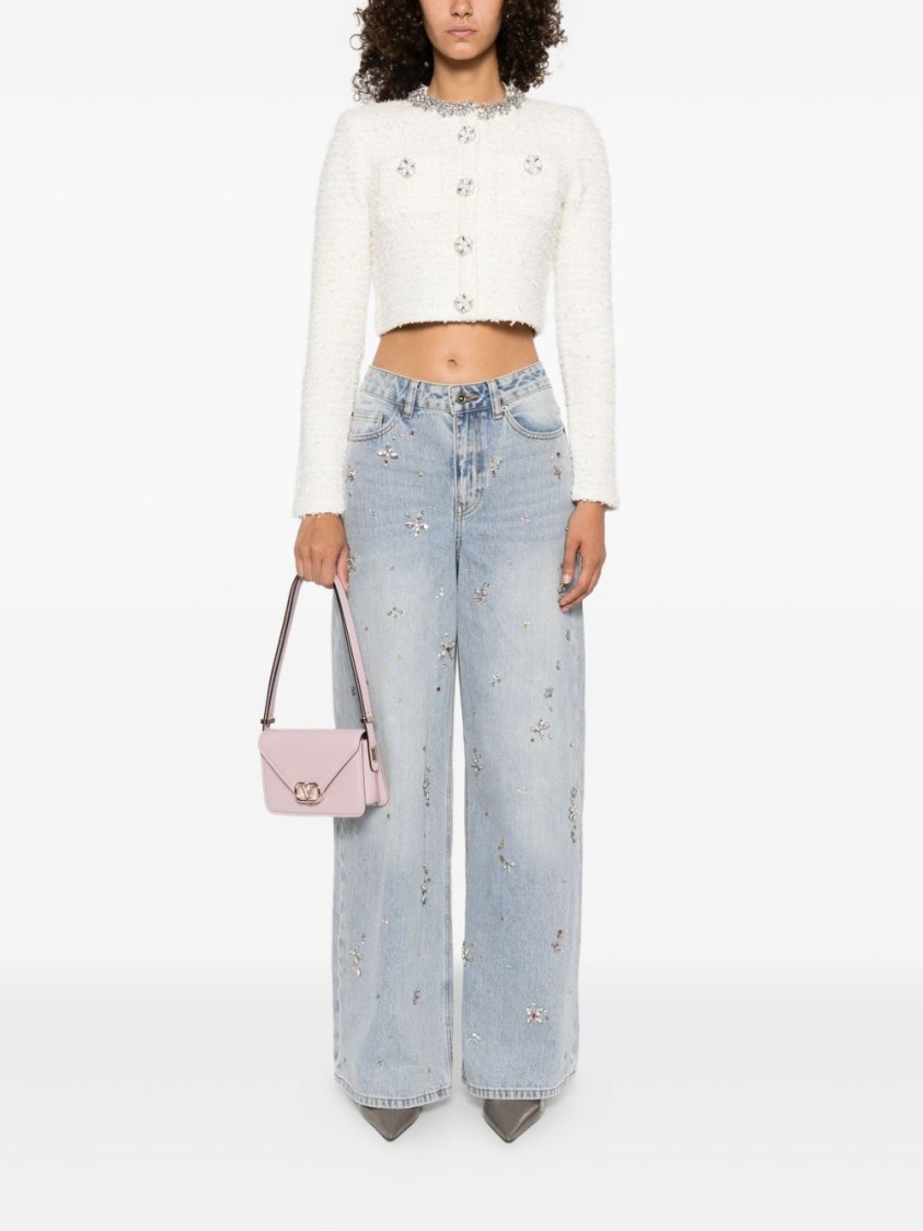Self-portrait Cropped Sweater With Textured Boucle Knit And Crystal Embellishments In White