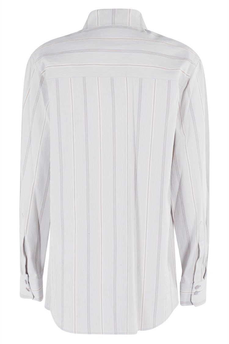 Low Classic Striped Collared Neck Long Sleeves Top In White