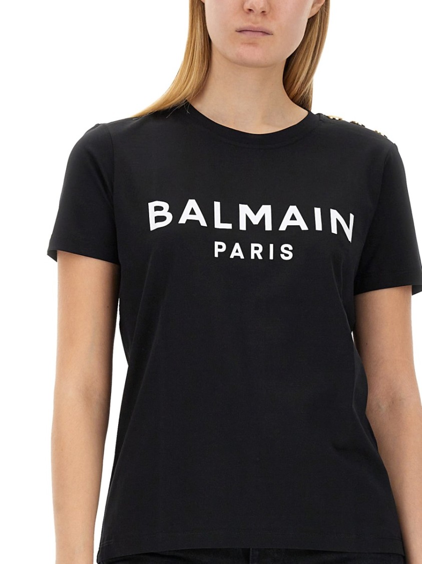 Balmain Black Crewneck T-shirt With Logo Print And Golden Buttons In Jersey Woman