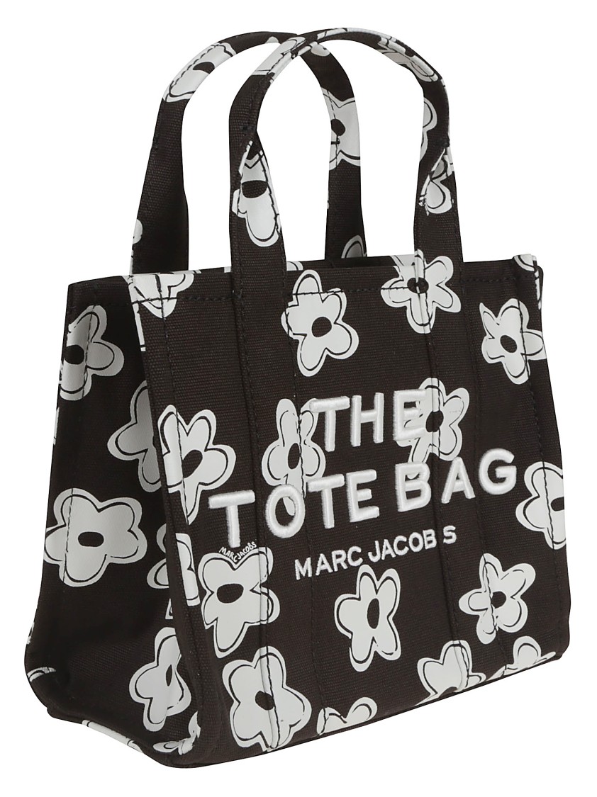 Shop Marc Jacobs Compact Floral Print Tote With Silk-screened Logo In Black