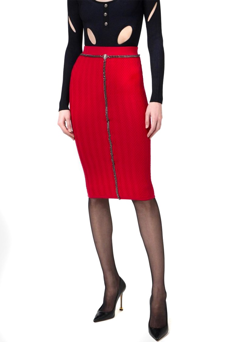 Elisabetta Franchi Textured Herringbone Midi Skirt With Chain Detail In Red