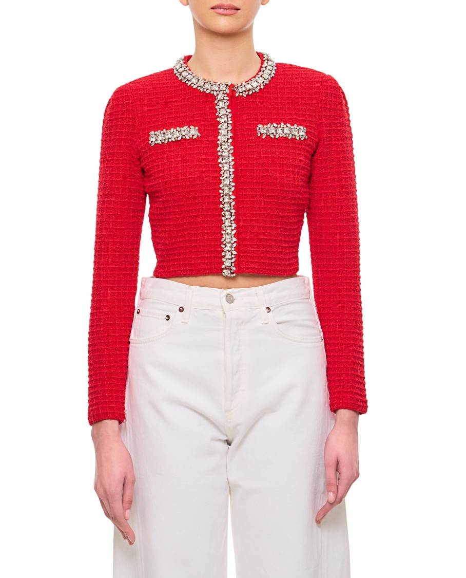 Shop Self-portrait Textured Knit Cardigan In Red