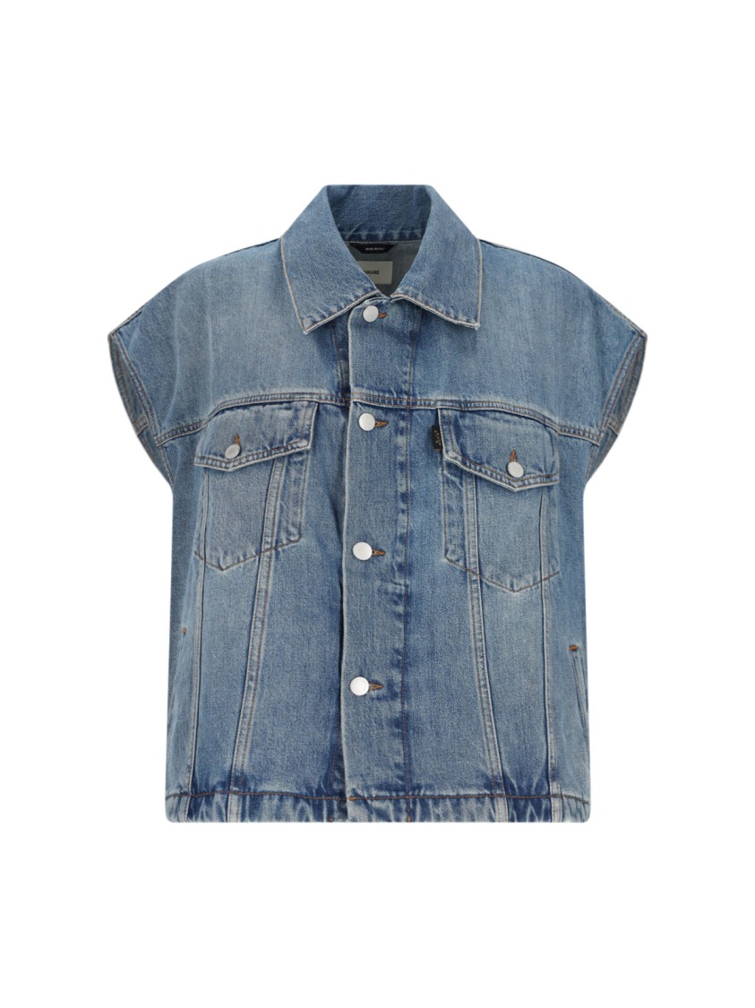 Haikure Boxy Denim Gilet With Pointed Collar In Blue