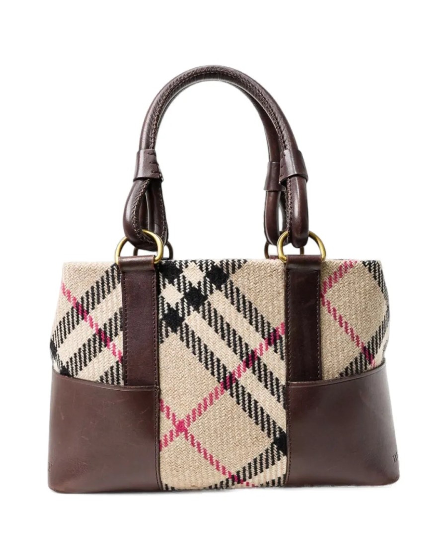 Burberry Square Check Tote In Brown Wool In Black