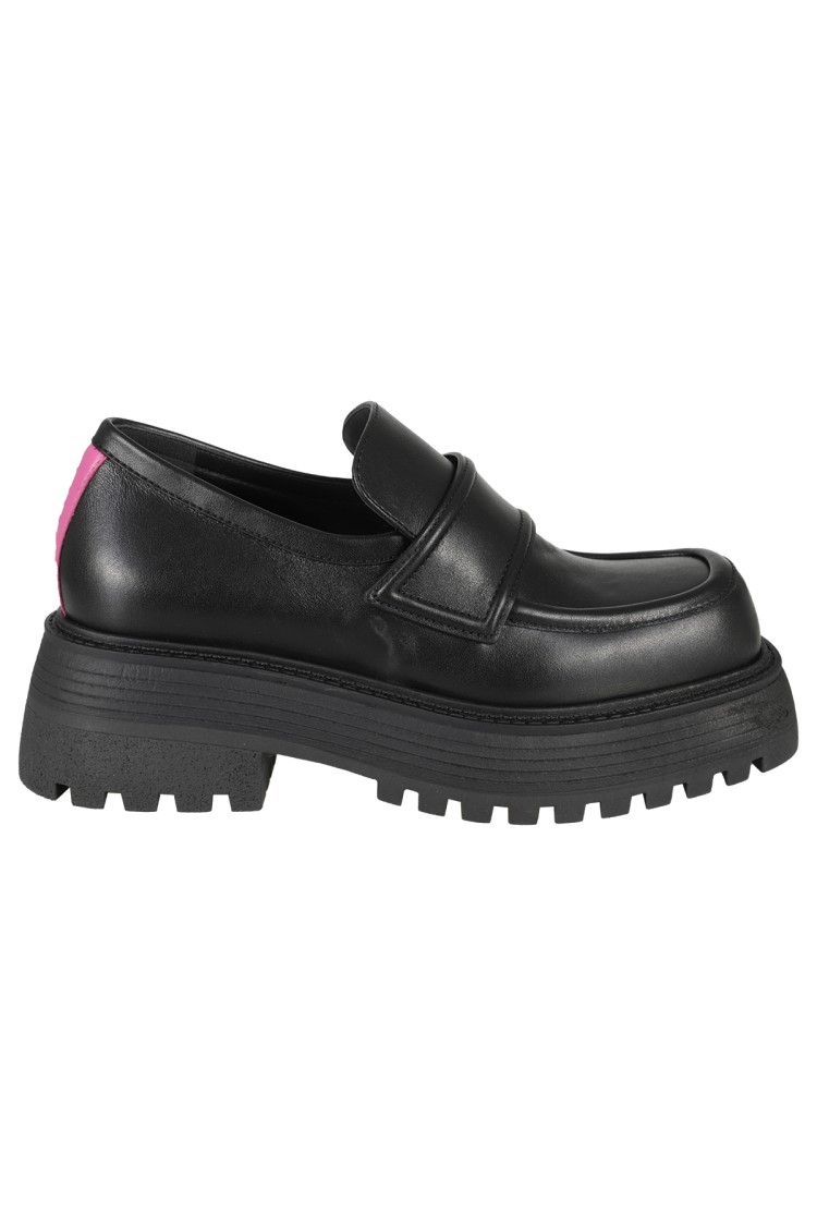 3juin Leather Loafers With Fuchsia Detail And Raised Sole In Black
