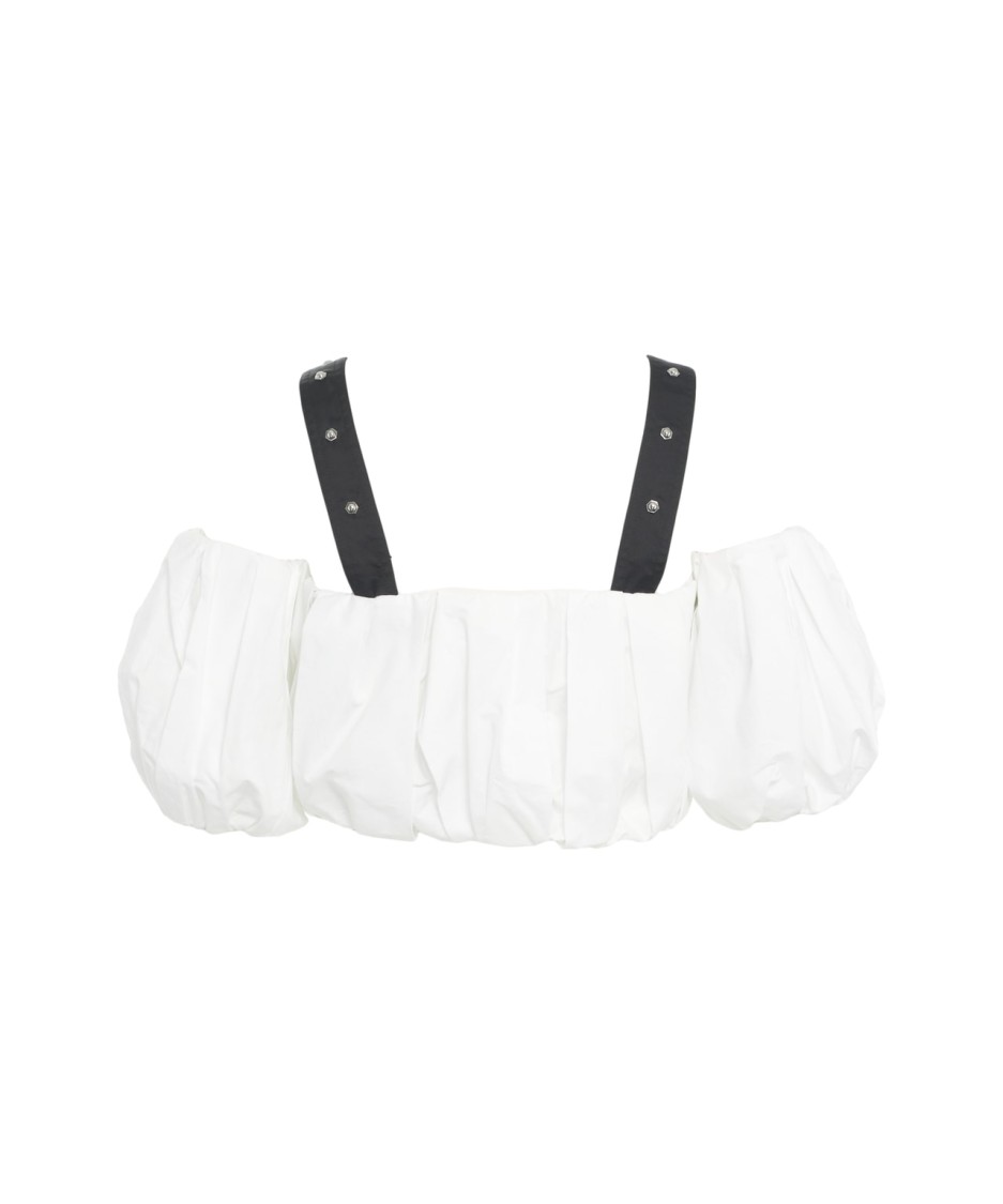 Pinko Cropped Beige Top With Puff Sleeves And Adjustable Straps