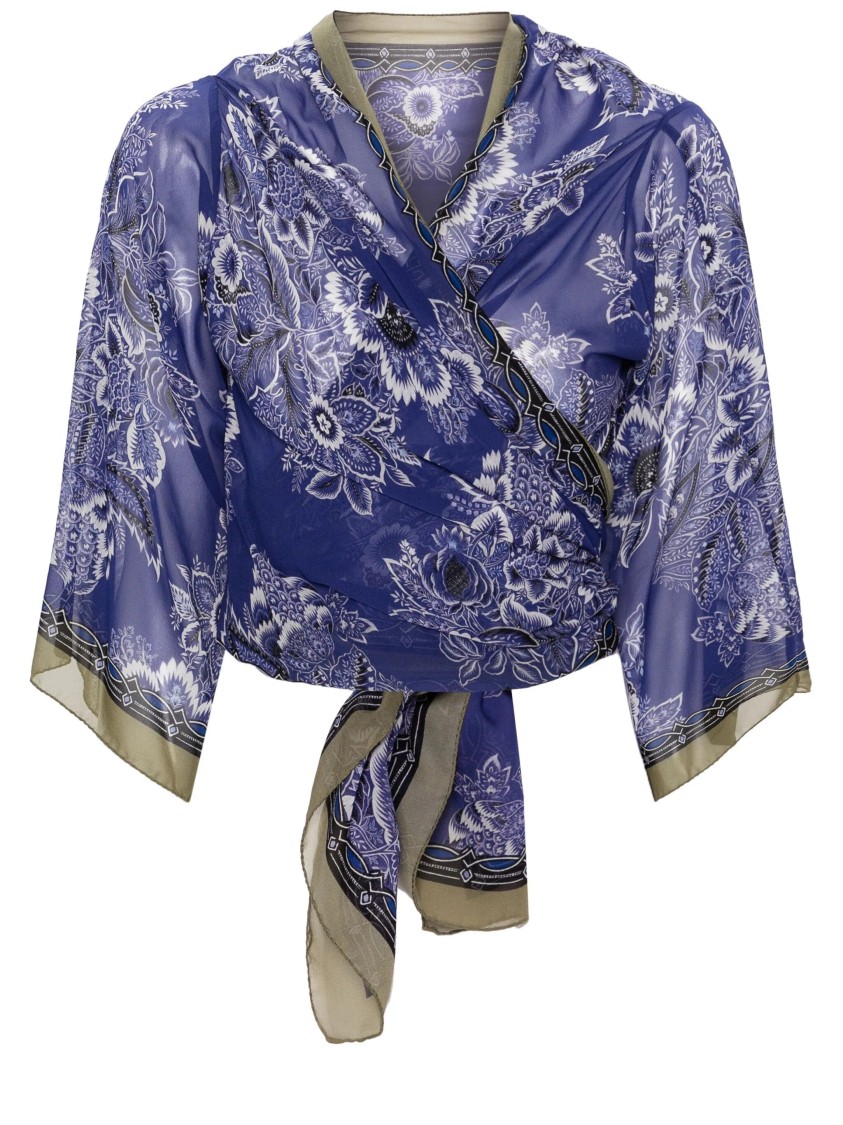 Etro Floral Silk Wrap Cardigan With Cropped Sleeves In Blue