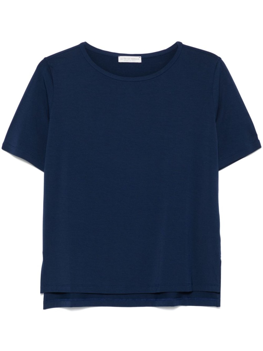 Le Tricot Perugia Classic Crew Neck T-shirt In Soft Viscose Blend In Blue