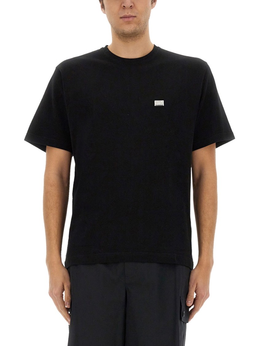 Dolce & Gabbana Cotton T-shirt With Metal Plaque Featuring Front Logo In Black