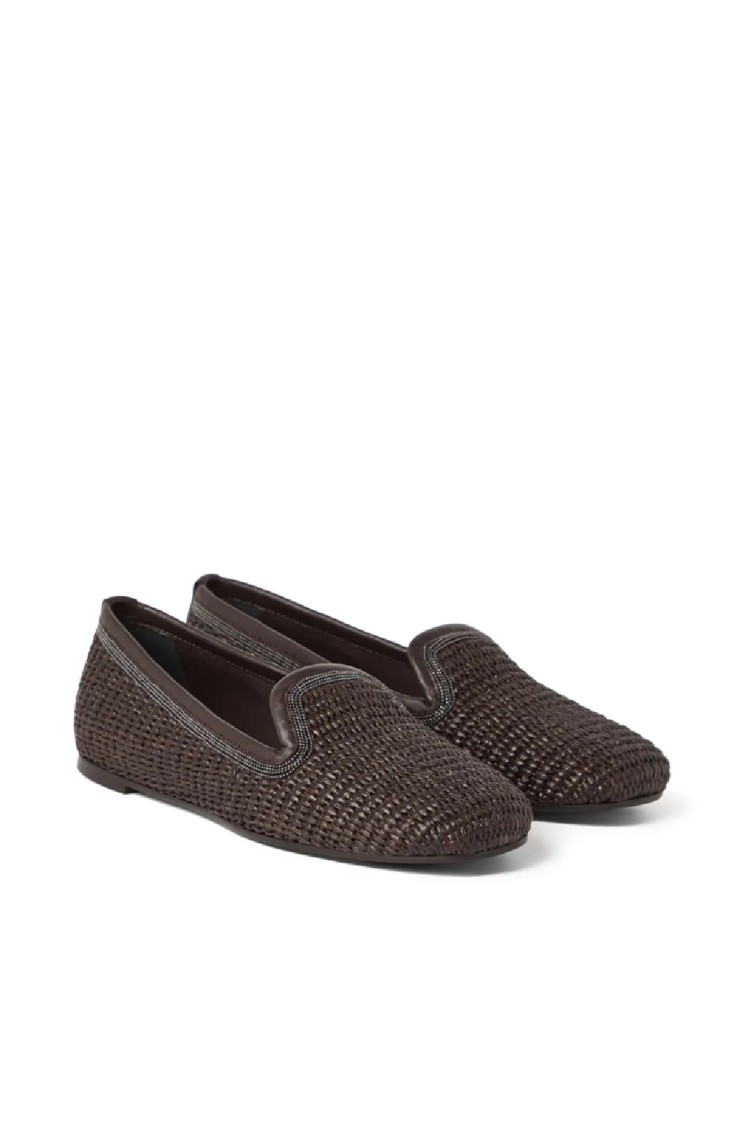 Brunello Cucinelli Woven Slip-on Brown Shoes With Elegant Detailing In Blue