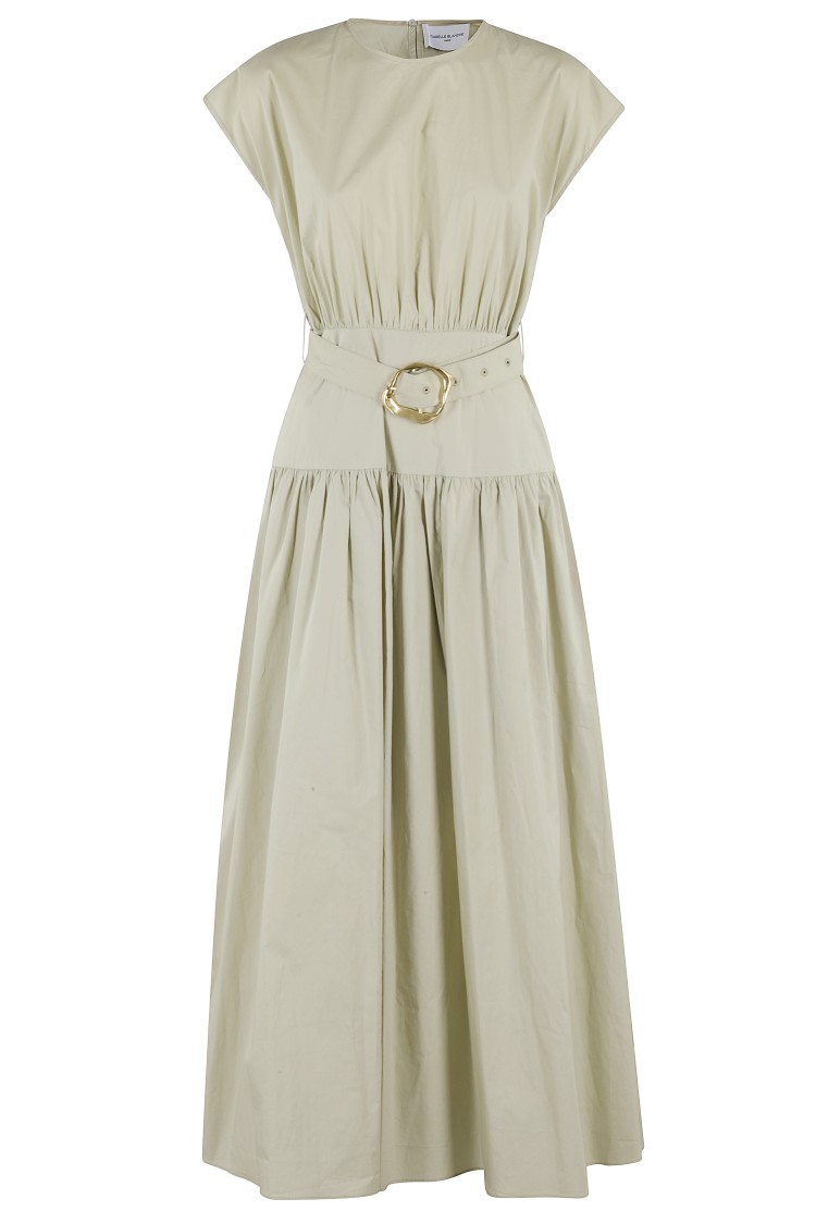 Isabelle Blanche Midi Dress With Cap Sleeves And Cinched Waist In Green