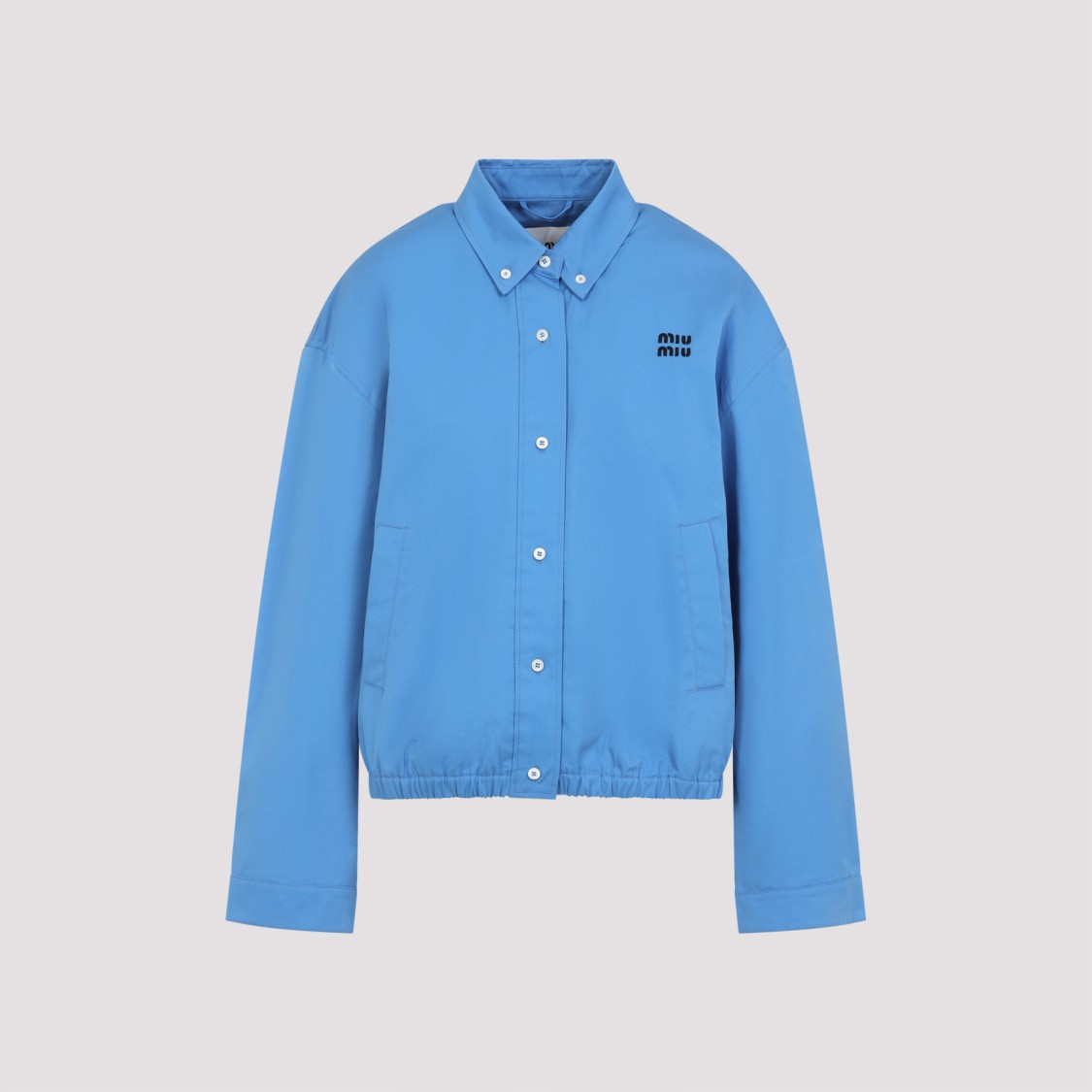 Miu Miu Button-down Collar Cotton Jacket With Elastic Hem In Blue