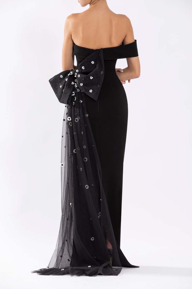 Saiid Kobeisy Crepe Off-shoulder Dress With A Tulle Bow And Tail On The Back In Black