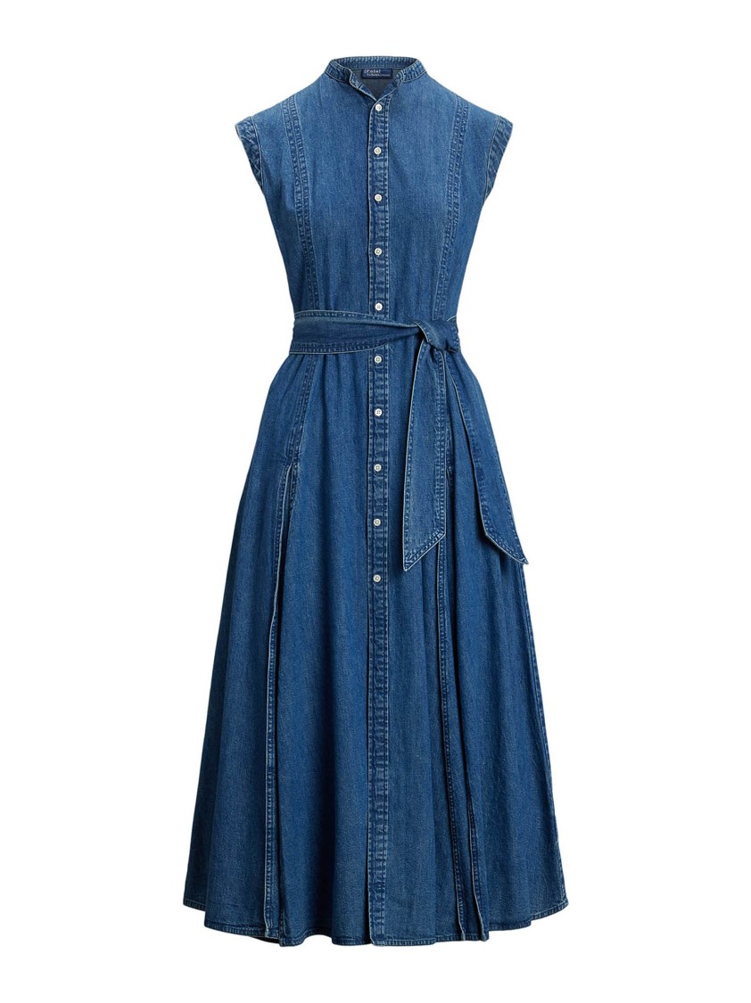 Polo Ralph Lauren Womens Indigo Belted Sleeveless Denim Midi Dress