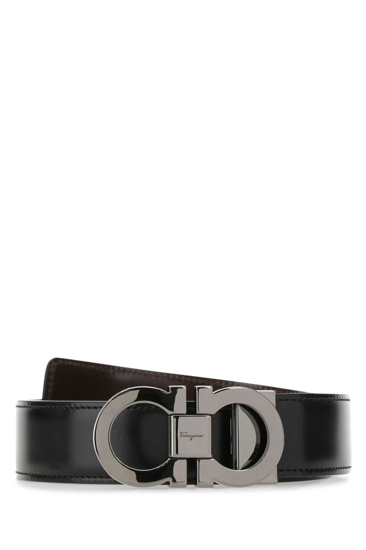 Ferragamo Black Reversible Logo Buckle Solid Belt In Gray