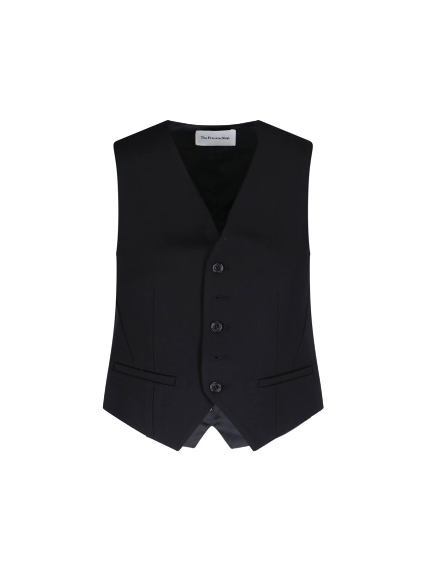 The Frankie Shop Asymmetrical Black Gilet With Adjustable Strap And V-neckline In Animal Print